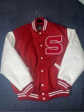 Red and White Varsity Letterman Jacket - Size Large